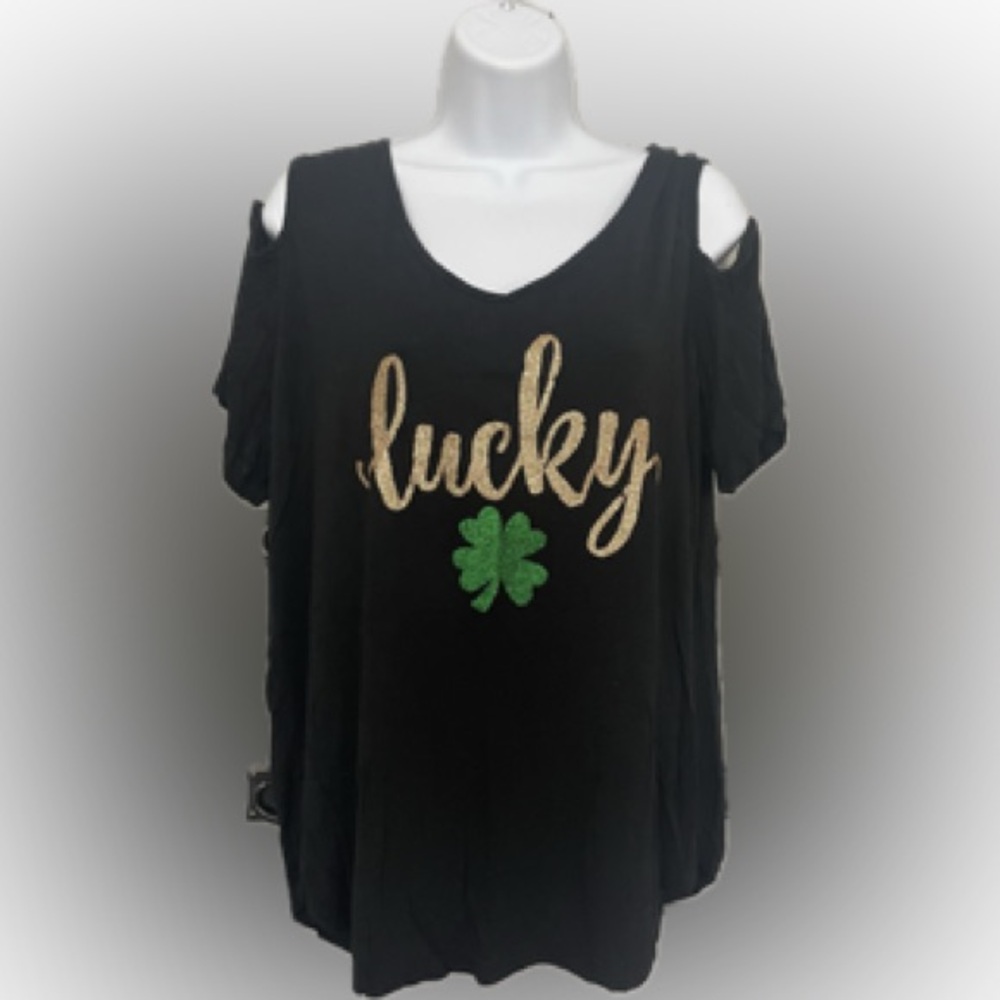 St Patrick’s Four Leaf Clover Lucky Short Sleeve Black Ladies Shirt Lg